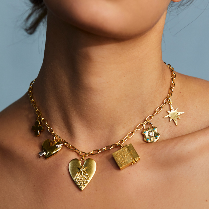 charm necklace with shield padlock charm