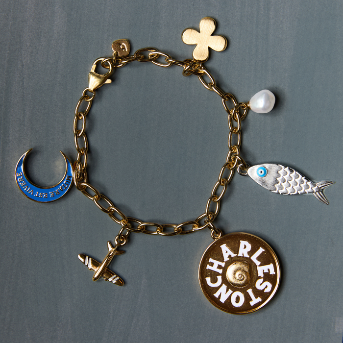 Chunky Bracelet with Crescent Moon, Airplane, Charleston Enamel, Silver Fish, Cloud Pearl, Clover