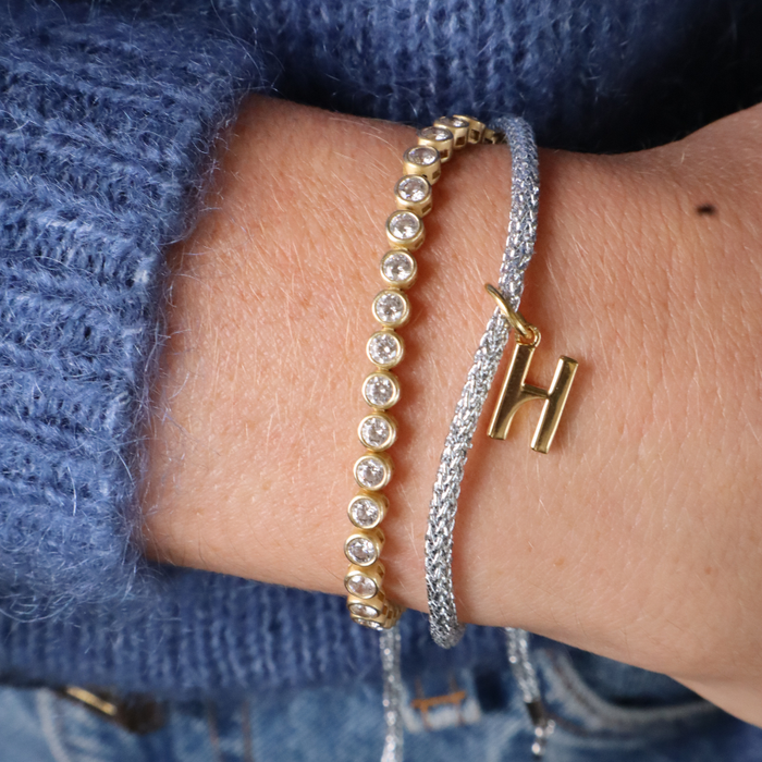 Silver Lurex Bracelet Cord worn with Bezel Tennis Bracelet