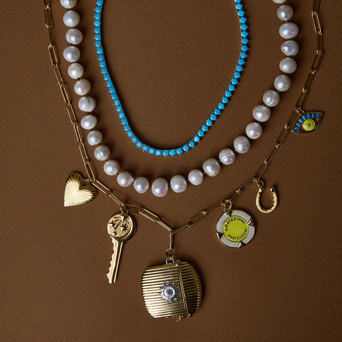 Turquoise Tennis Necklace, Pearl Necklace, and loaded custom charm necklace