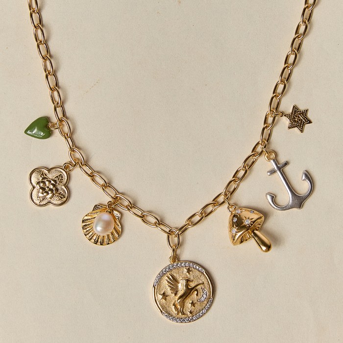 green enamel heart, Charleston magnolia, scallop with pearl, cosmic cowgirl, new shroomy, anchor - silver side, Star of David