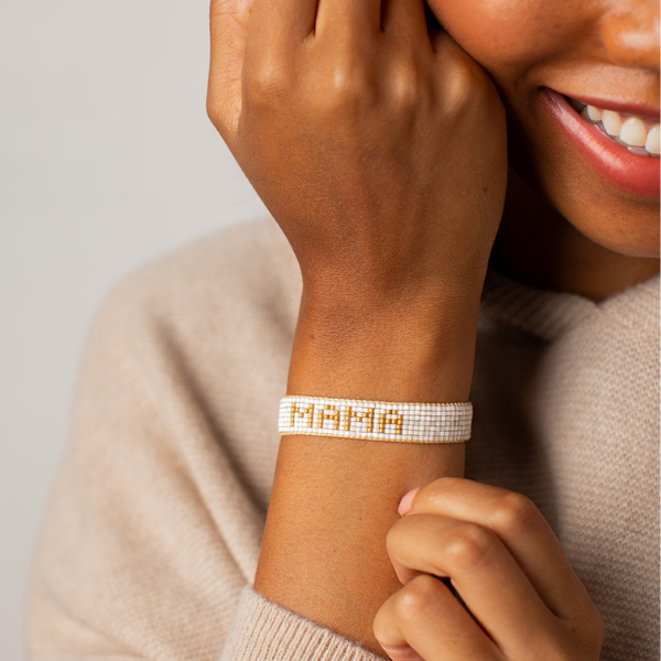 Small White & Gold MAMA  Beaded Bracelet