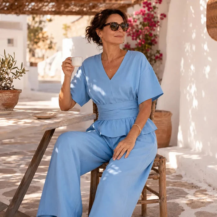 Solavia – Wrap Waist Top and Wide Leg Pants Set for Women