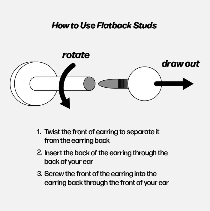 Diagram showing how to use Solid Gold Heart Flat Back Studs: twist to separate front and back, insert the back from behind your ear, then screw the heart front on from the front; arrows show rotation and pulling steps.