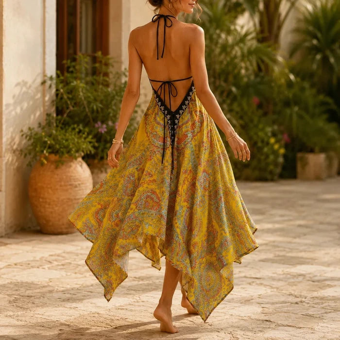 Solivia – Boho paisley halter maxi dress with open back and handkerchief hem