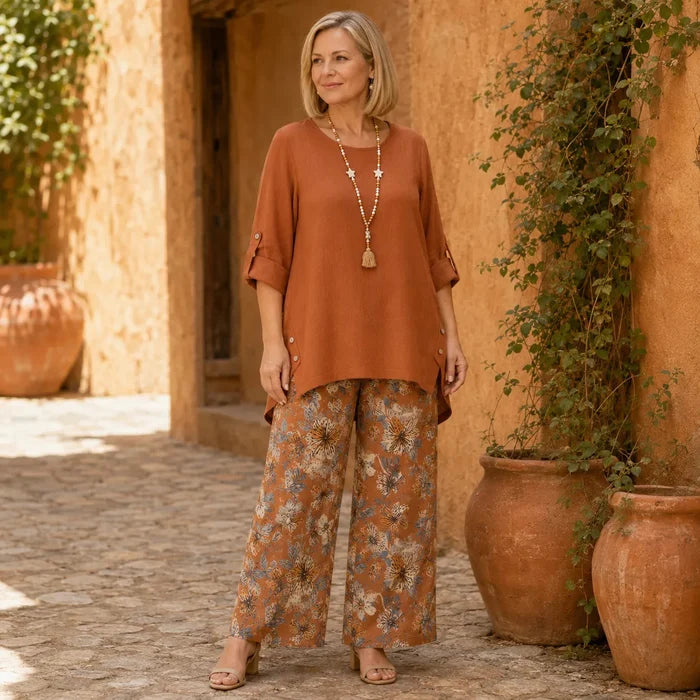 Solvea – Women's Draped High-Low Tunic & Wide-Leg Pants Set