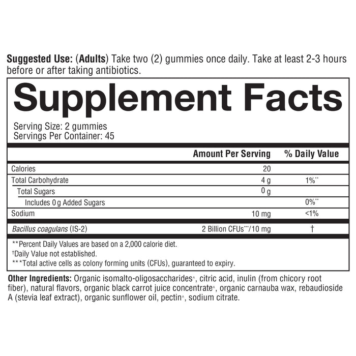 SPBG.00135.BTL Youtheory Spore Probiotic Gummy Gummies Product Image - Nutrition Panel