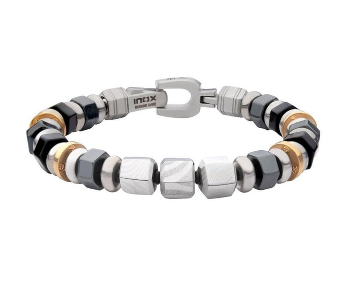 Stainless Steel 8mm Mokume Gane, Hematite And Onyx Beads Bushido Virtue Bracelet