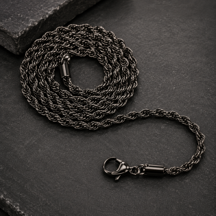 Stainless Steel Black 3.0mm Rope Chain, Length: 24 inch