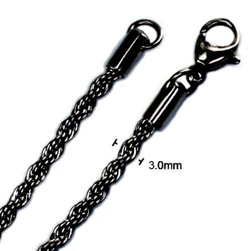 Stainless Steel Black 3.0mm Rope Chain, Length: 24 inch