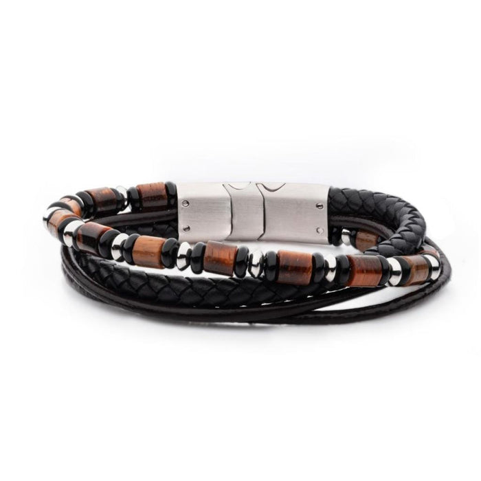 Stainless Steel  Black And Brown Full Grain Cowhide Leather Tiger Eye And Onyx Bracelet