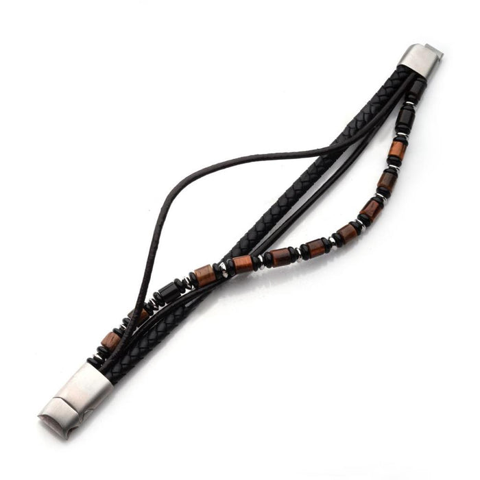 Stainless Steel  Black And Brown Full Grain Cowhide Leather Tiger Eye And Onyx Bracelet