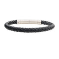 Stainless Steel Black Genuine Full Grain Cowhide Leather with Brushed Tubular Press Clasp Bracelet