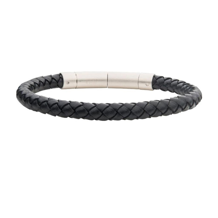 Stainless Steel Black Genuine Full Grain Cowhide Leather with Brushed Tubular Press Clasp Bracelet