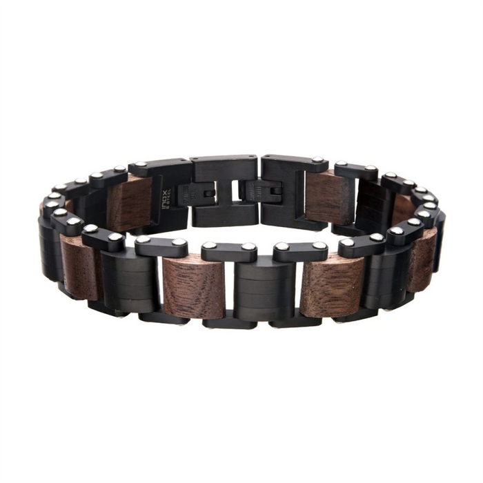 Stainless Steel Black IP With Walnut Wood and Fold Over Clasp Bracelet Link Bracelet