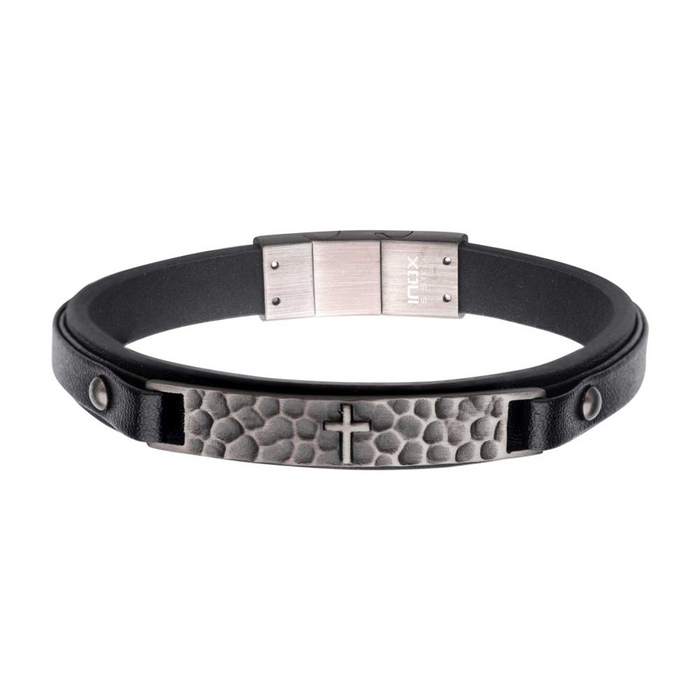 Stainless Steel Black Leather Strapped with Cross Hammered ID Bracelet