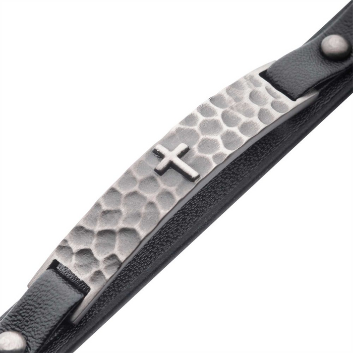 Stainless Steel Black Leather Strapped with Cross Hammered ID Bracelet