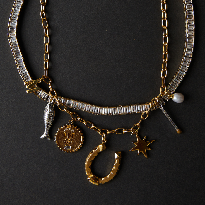 Baguette Tennis Necklace and loaded custom charm necklae