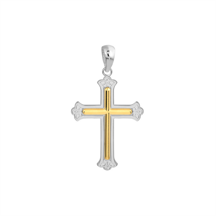 Sterling Silver And 14K Yellow Gold Fleur De Lis Cross Pendant
