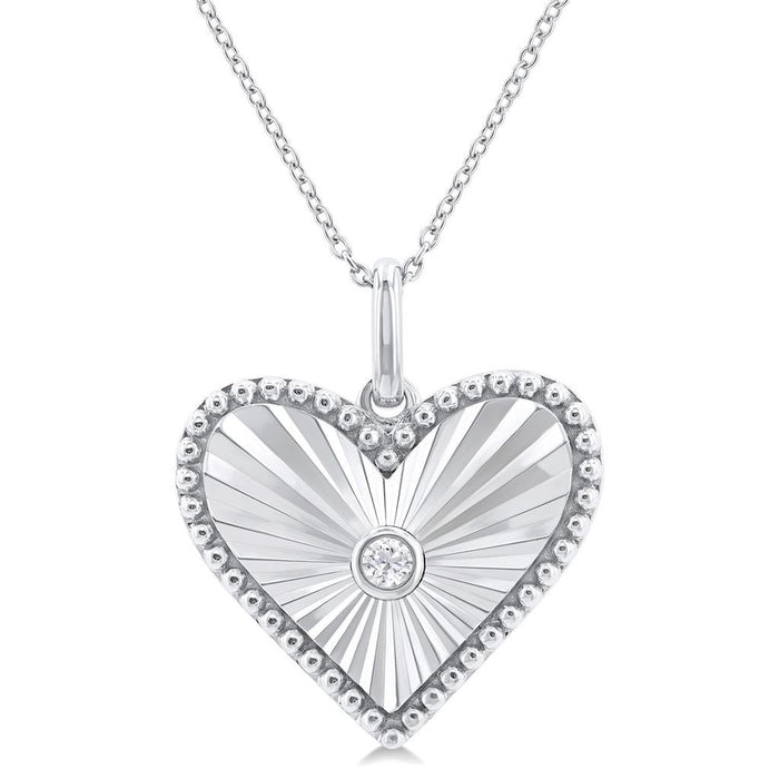 Sterling Silver Fluted Heart Medallion Diamond Pendant Necklace