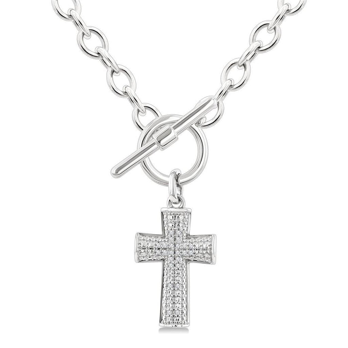 Sterling Silver Natural Diamonds Toggle Cross Necklace