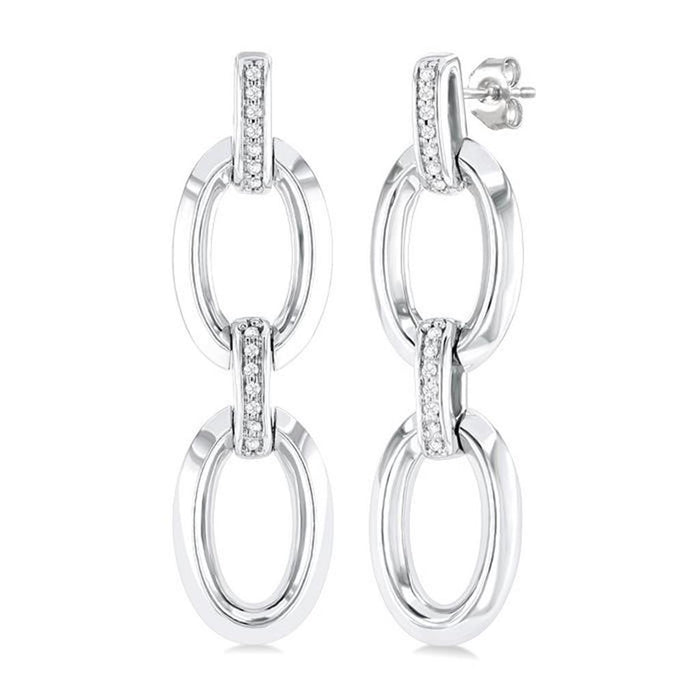Sterling Silver Open Link Diamond Dangle Earrings