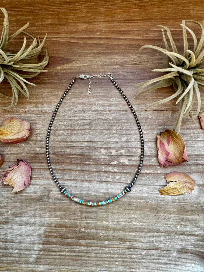 Sterling Silver Pearl Choker with Turquoise & Spiny Oyster Heishi