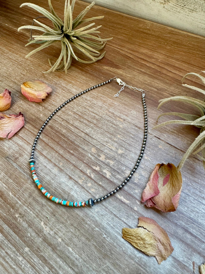 Sterling Silver Pearl Choker with Turquoise & Spiny Oyster Heishi