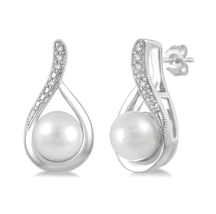 Sterling Silver Pearl Drop Earrings With Diamonds
