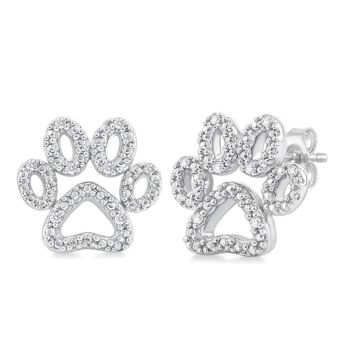 Sterling Silver Puppy Paw Natural Diamond Stud Earrings