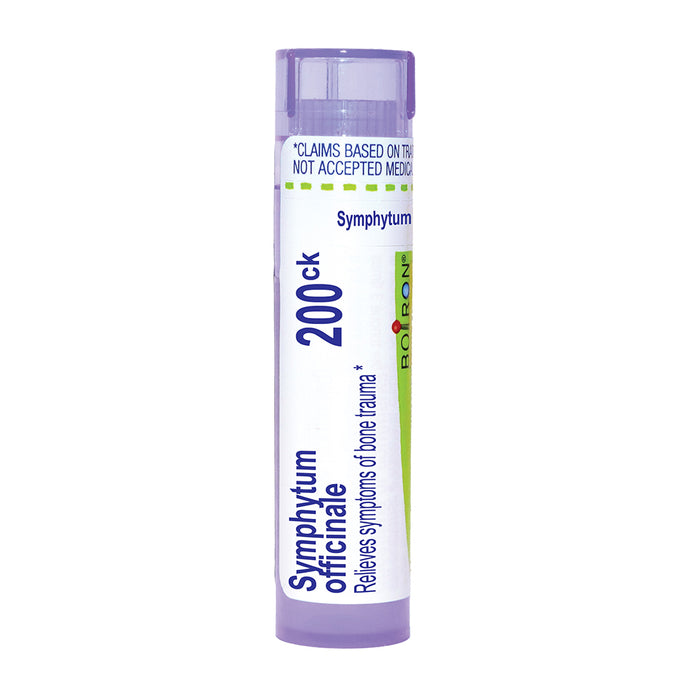 A single tube of Boiron Symphytum Officinale 200ck homeopathic remedy, featuring a white label with purple and green accents, on a solid white background.