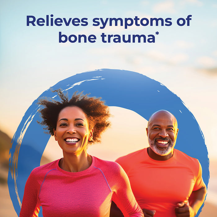 Two people running with text saying relieves symptoms of bone trauma.