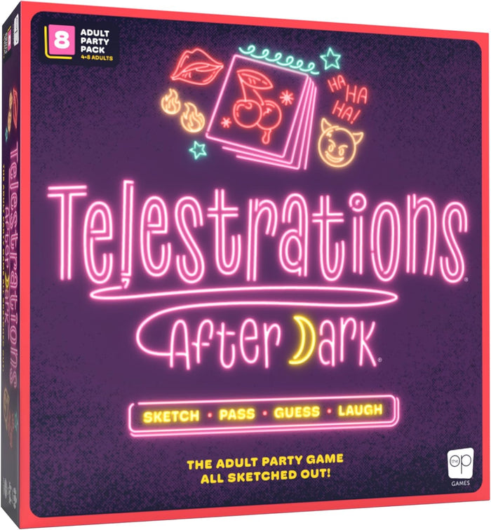 usaopoly Box of Telestrations After Dark game with neon text and graphics on a dark background