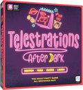 usaopoly Box of Telestrations After Dark game with neon text and graphics on a dark background