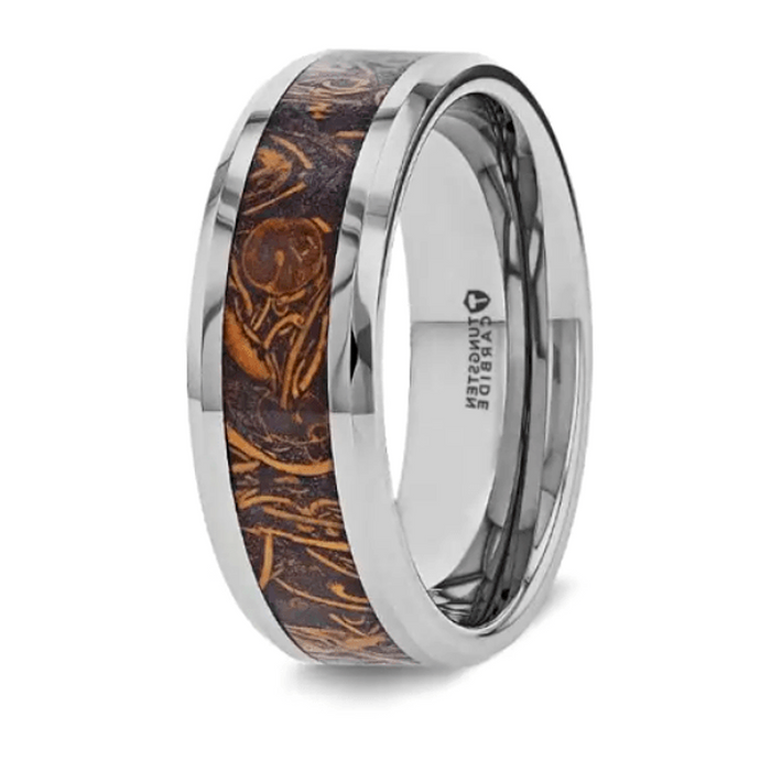 The Abba Polished Tungsten Wedding Band with Sanskrit Stone Inlay Polished Edges 8mm