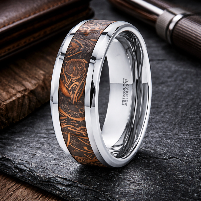 The Abba Polished Tungsten Wedding Band with Sanskrit Stone Inlay Polished Edges 8mm