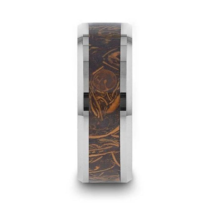 The Abba Polished Tungsten Wedding Band with Sanskrit Stone Inlay Polished Edges 8mm