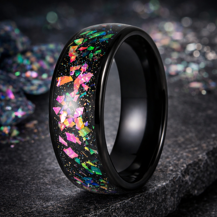 The Abyss Black Tungsten Ring with Synthetic Opal and Abalone Mosaic-8mm