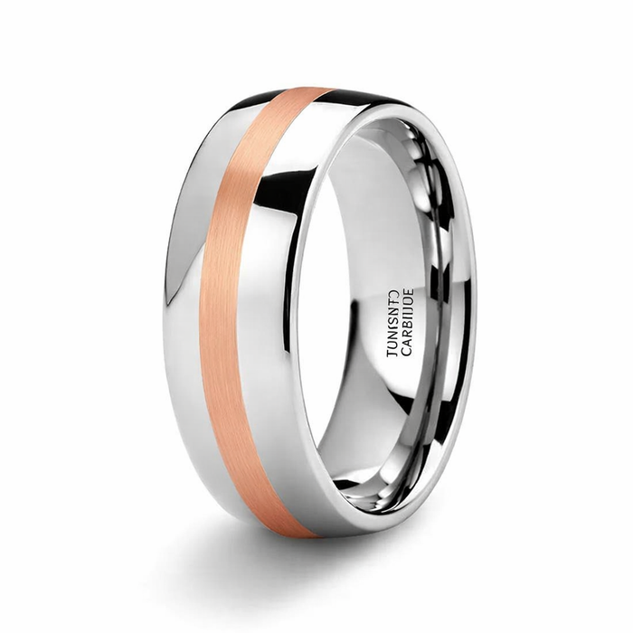 Silver ring with a rose gold stripe on a white background