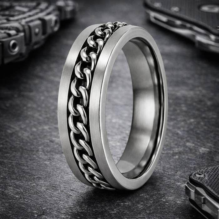 The Anchor Men’s Titanium Ring with Spinning Chain and Polished Finish | 8mm