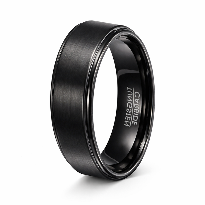 The Apex Noir Contemporary Black Tungsten Men's Ring with Polished Edges | 8mm
