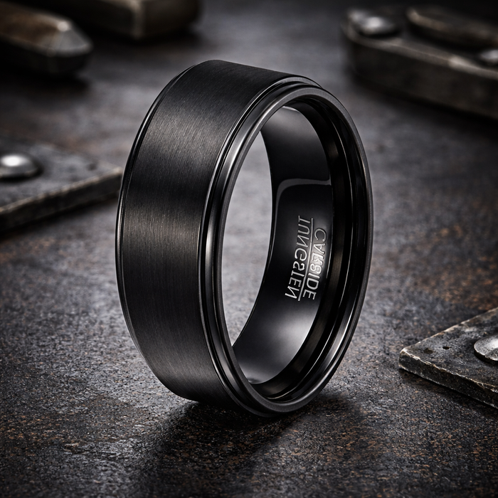 The Apex Noir Contemporary Black Tungsten Men's Ring with Polished Edges | 8mm