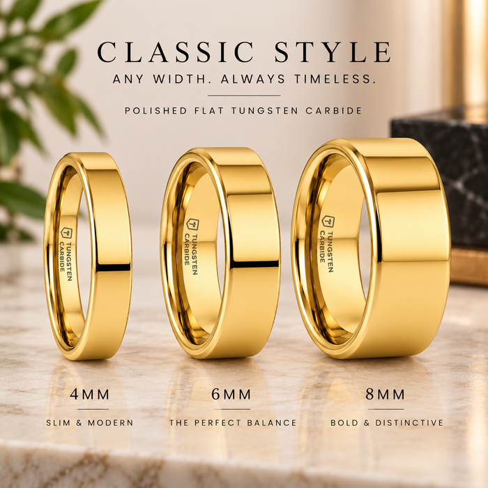 The Ari Flat Profile Polished Gold-Plated Tungsten Men's Ring  4mm 6mm 8mm