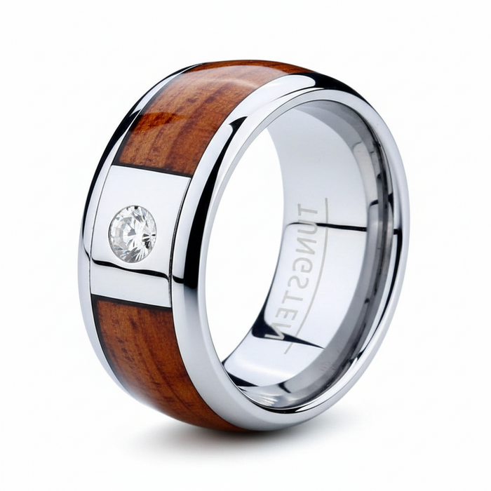 The Azure Root Men's Tungsten Ring with Koa Wood Inlay and Single CZ-8mm