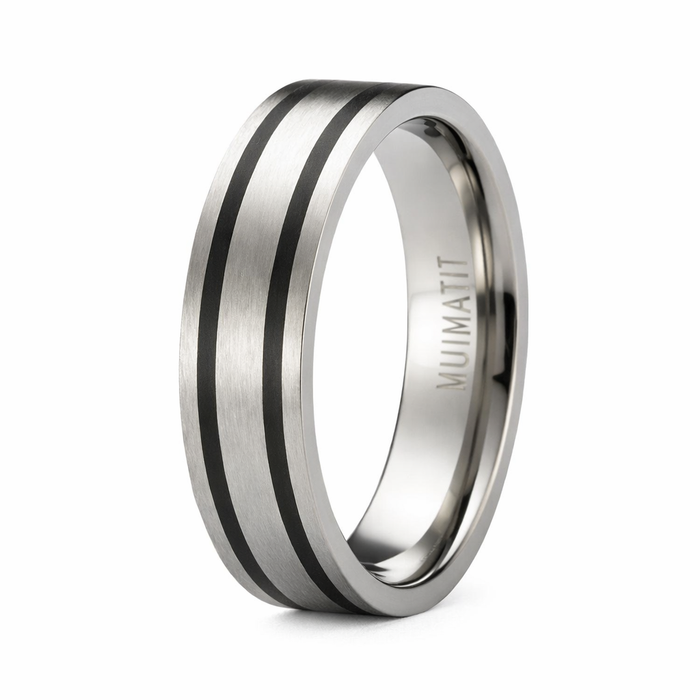 The Banded Satin Finished Titanium Wedding Ring with Two Black Bands | 6mm