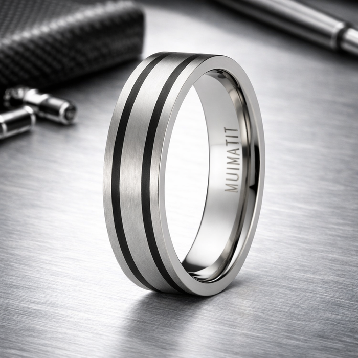The Banded Satin Finished Titanium Wedding Ring with Two Black Bands | 6mm