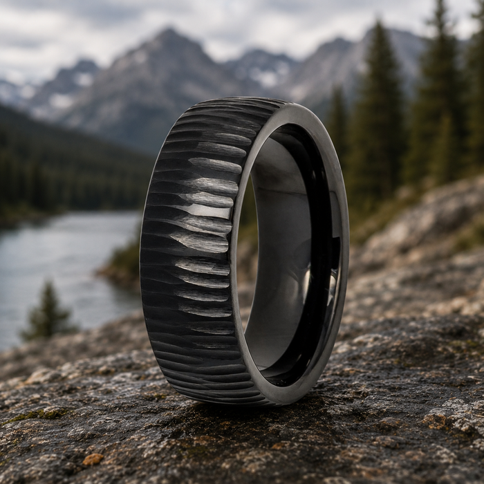 The Bark Black IP Tungsten Ring with Carved Bark Pattern Center 8mm