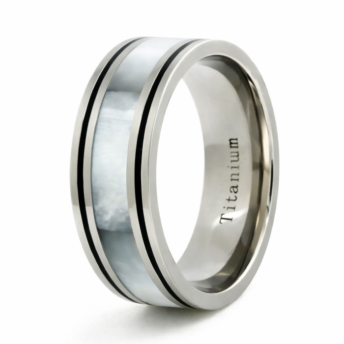 The Beachcomber Titanium White Shell Inlay Black Borders Ring-9mm