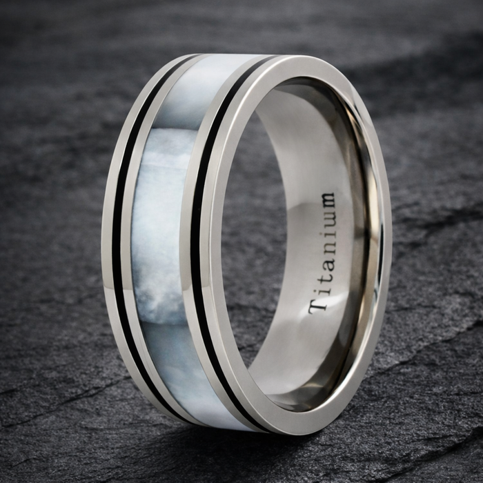 The Beachcomber Titanium White Shell Inlay Black Borders Ring-9mm
