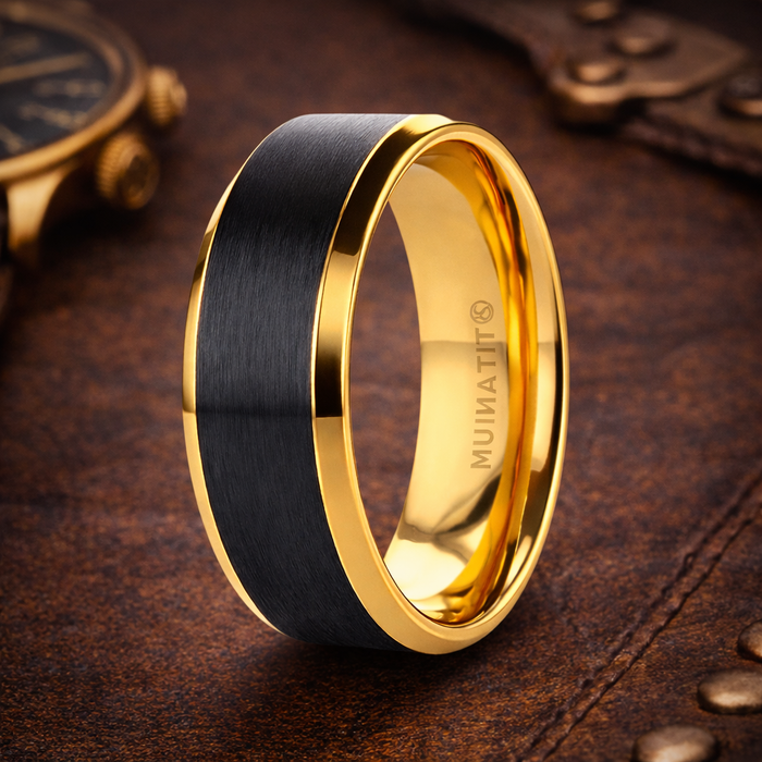 The Beaumont Gold Plated Titanium Polished Beveled Ring with Brushed Black Center 8mm